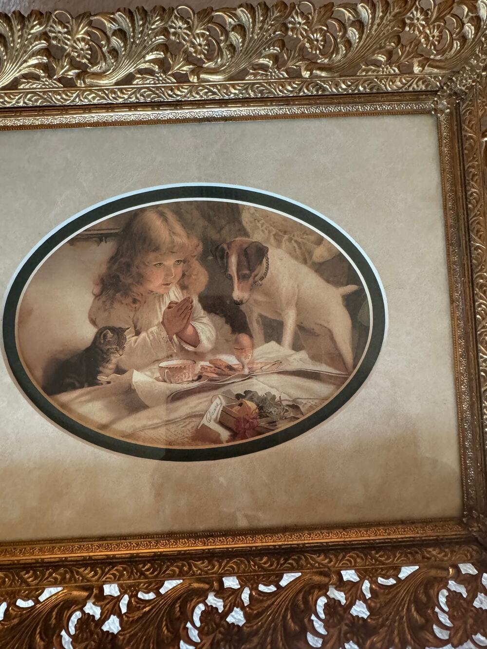 Charles BurtonBarber print ThePrayer in a vintage ornate brass frame